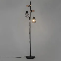 Landelijke vloerlamp zwart met hout 2-lichts met kap - Dami Frame