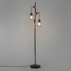 Landelijke vloerlamp zwart met hout 2-lichts met kap - Dami Frame