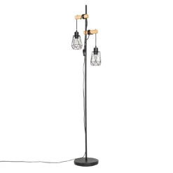 Landelijke vloerlamp zwart met hout 2-lichts met kap - Dami Frame