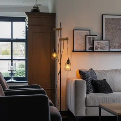 Landelijke vloerlamp zwart met hout 2-lichts met kap - Dami Frame