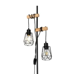 Landelijke vloerlamp zwart met hout 2-lichts met kap - Dami Frame