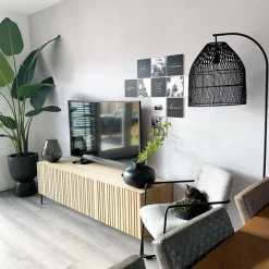 Landelijke vloerlamp zwart met rotan - Sam