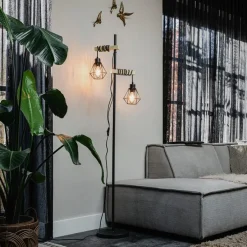 Landelijke vloerlamp zwart met hout 2-lichts - Chon