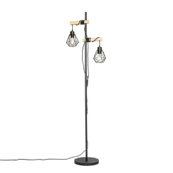 Landelijke vloerlamp zwart met hout 2-lichts - Chon