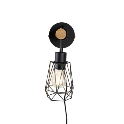 Landelijke wandlamp zwart met hout - Dami Frame