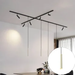 Modern railsysteem met 6 spots en 4 hanglampen beige met zwart 1-fase - Slimline Uzzy Keno