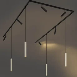 Modern railsysteem met 6 spots en 4 hanglampen beige met zwart 1-fase - Slimline Uzzy Keno
