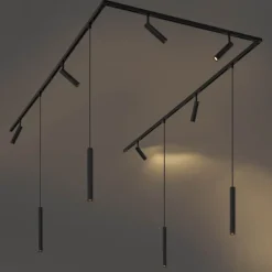 Modern railsysteem met 6 spots en 4 hanglampen zwart 1-fase - Slimline Uzzy Keno