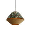 Moderne hanglamp brons met dubbele velours kap blad dessin en beige - Combi 1