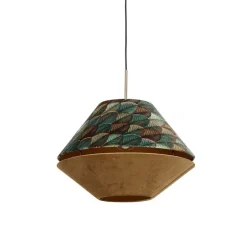 Moderne hanglamp brons met dubbele velours kap blad dessin en beige - Combi 1