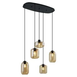 Moderne hanglamp zwart met amber glas 5-lichts - Sheena