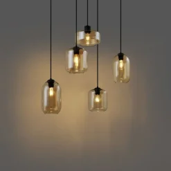Moderne hanglamp zwart met amber glas 5-lichts - Sheena