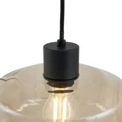 Moderne hanglamp zwart met amber glas 3-lichts - Sheena