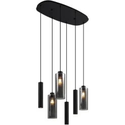 Moderne hanglamp zwart met smoke glas 6-lichts - Duplantis