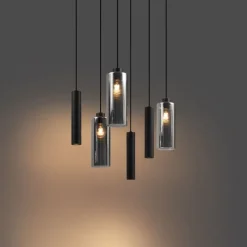 Moderne hanglamp zwart met smoke glas 6-lichts - Duplantis