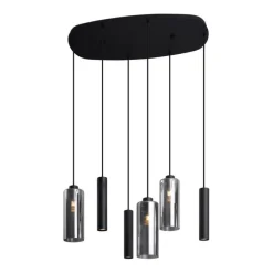 Moderne hanglamp zwart met smoke glas 6-lichts - Duplantis