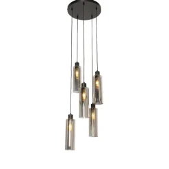 Moderne hanglamp zwart met smoke glas 5-lichts - Stavelot