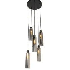 Moderne hanglamp zwart met smoke glas 5-lichts - Stavelot
