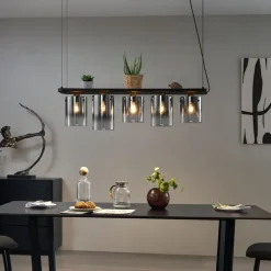 Moderne hanglamp zwart met smoke glas 5-lichts - Hybrid