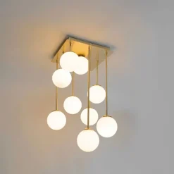 Moderne plafondlamp goud met opaal glas 9-lichts- Athens
