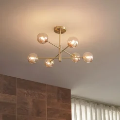 Moderne plafondlamp messing met amber glas 6-lichts - Ryan