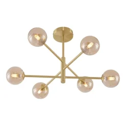 Moderne plafondlamp messing met amber glas 6-lichts - Ryan