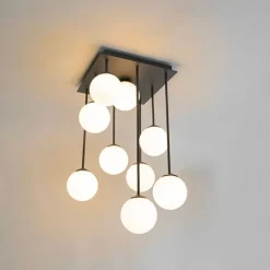 Moderne plafondlamp zwart met opaal glas 9-lichts- Athens