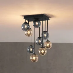 Moderne plafondlamp zwart met amber en smoke glas 9-lichts - Athens