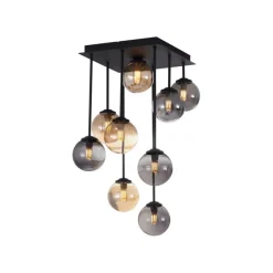 Moderne plafondlamp zwart met amber en smoke glas 9-lichts - Athens
