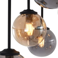 Moderne plafondlamp zwart met amber en smoke glas 9-lichts - Athens