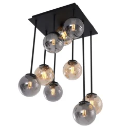 Moderne plafondlamp zwart met amber en smoke glas 9-lichts - Athens