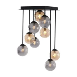 Moderne plafondlamp zwart met amber en smoke glas 9-lichts - Athens