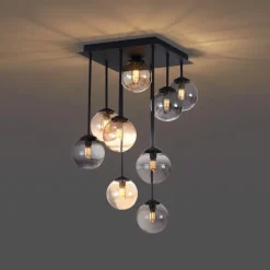 Moderne plafondlamp zwart met amber en smoke glas 9-lichts - Athens
