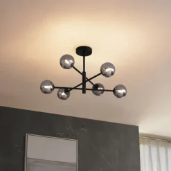 Moderne plafondlamp zwart met smoke glas 6-lichts - Ryan