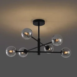 Moderne plafondlamp zwart met smoke glas 6-lichts - Ryan
