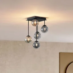 Moderne plafondlamp zwart met amber en smoke glas 5-lichts - Athens