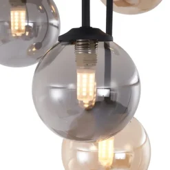 Moderne plafondlamp zwart met amber en smoke glas 5-lichts - Athens