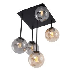 Moderne plafondlamp zwart met amber en smoke glas 5-lichts - Athens
