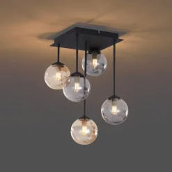 Moderne plafondlamp zwart met amber en smoke glas 5-lichts - Athens