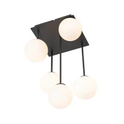 Moderne plafondlamp zwart met opaal glas 5-lichts- Athens
