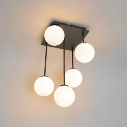 Moderne plafondlamp zwart met opaal glas 5-lichts- Athens