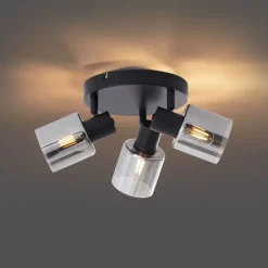 Moderne plafondlamp zwart met smoke glas rond 3-lichts - Cilin