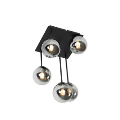 Moderne plafondlamp zwart 5-lichts met smoke glas - Athens