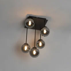 Moderne plafondlamp zwart 5-lichts met smoke glas - Athens