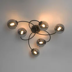Moderne plafondlamp zwart 6-lichts met smoke glas - Athens