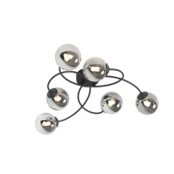 Moderne plafondlamp zwart 6-lichts met smoke glas - Athens