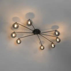 Moderne plafondlamp zwart 8-lichts met smoke glas - Athens