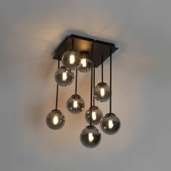 Moderne plafondlamp zwart 9-lichts met smoke glas - Athens