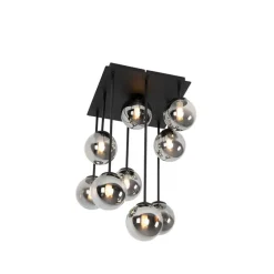 Moderne plafondlamp zwart 9-lichts met smoke glas - Athens