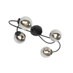 Moderne plafondlamp zwart 4-lichts met smoke glas - Athens
